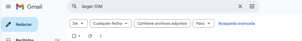 Barra de búsqueda de Gmail con “larger:10M”