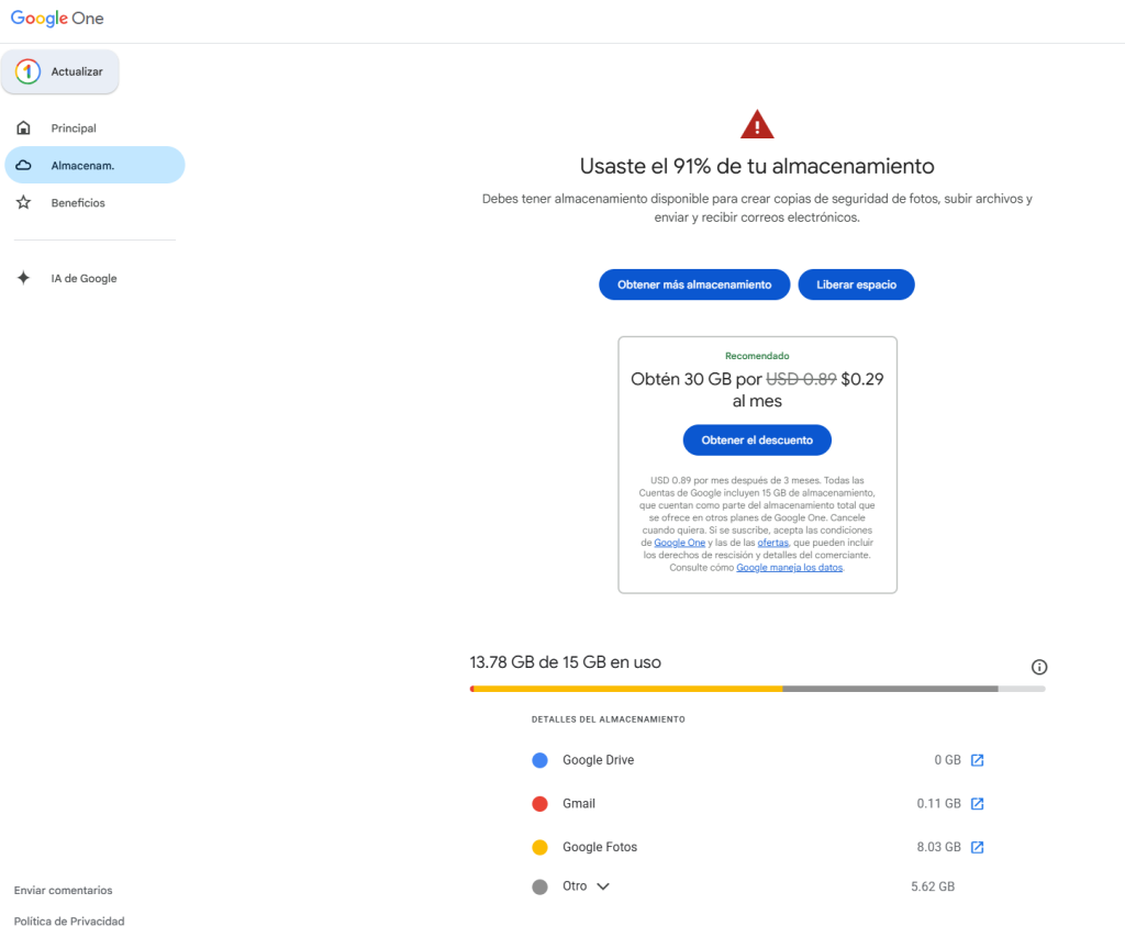 Página de almacenamiento Google One