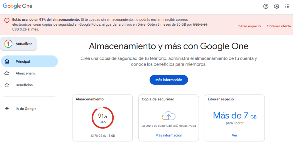 Interfaz de one.google.comstoragemanagement con gráfico circular destacando el porcentaje de uso por Gmail, Drive y Photos