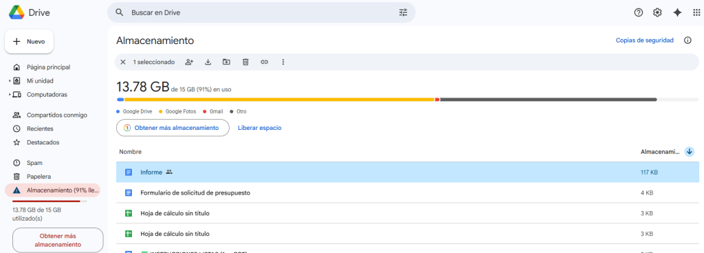 Página de almacenamiento de Google Drive